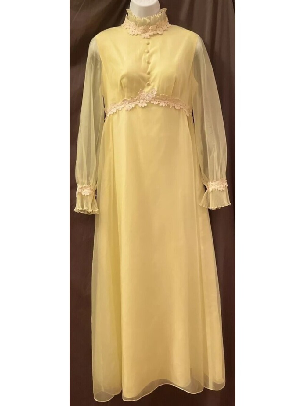 VTG 70s Yellow Chiffon Cottage Boho Prom Bridesmaid Gown
